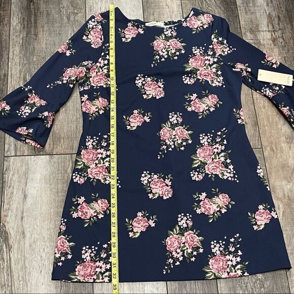 NWT Hot Gal 3/4 Sleeve Floral Mini Dress Navy Blue With Pink White Flowers Large - Picture 9 of 11